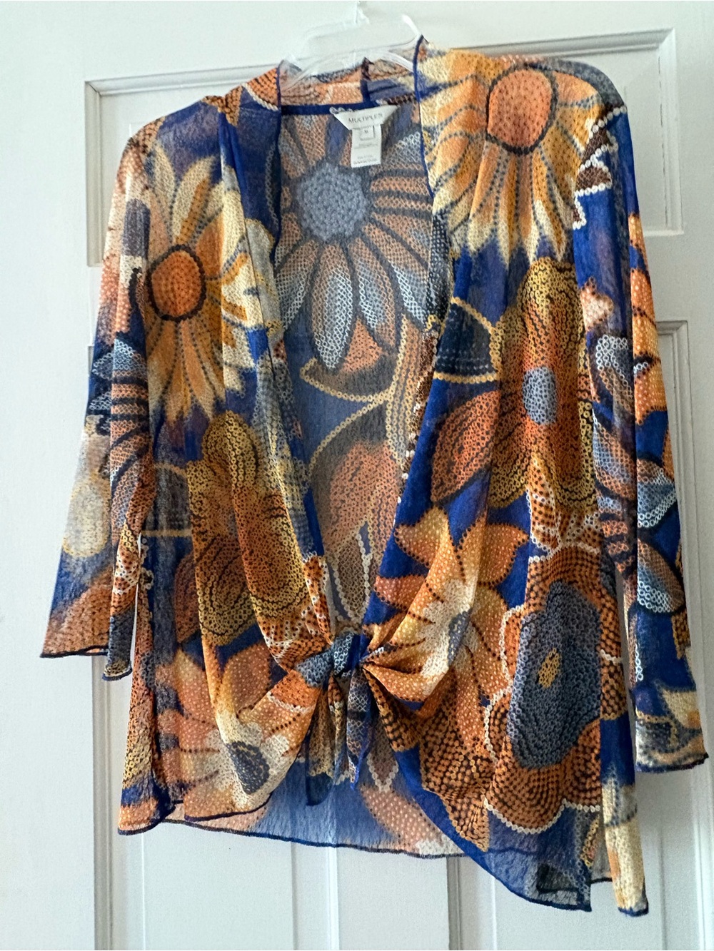 Multiples Navy Blue and Orange Floral Tie-Front Sheer Blouse